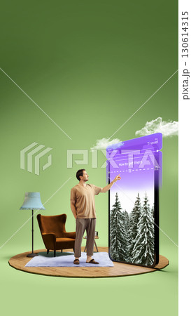 Man choosing winter travel destination on digital phone interface. 3D island composition Man choosing winter travel destination on digital phone interface. 3D island composition 130614315