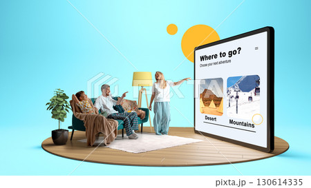Family choosing next adventure destination on digital travel platform at home. 3D island composition Family choosing next adventure destination on digital travel platform at home. 3D island composition 130614335