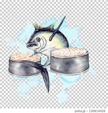 Tuna fish with canned slices watercolor seafood illustration isolated 130614426