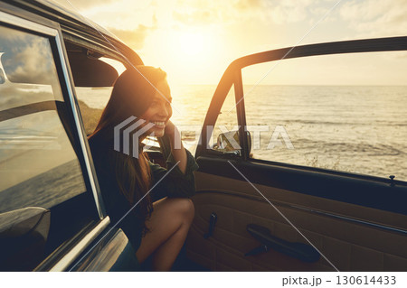 Relax, thinking and woman on road trip at the beach for summer, freedom and car travel in Spain. Smile, adventure and girl driving on holiday at ocean for happiness, content and peace with transport Relax, thinking and woman on road trip at the beach for summer, freedom and car travel in Spain. Smile, adventure and girl driving on holiday at ocean for happiness, content and peace with transport 130614433