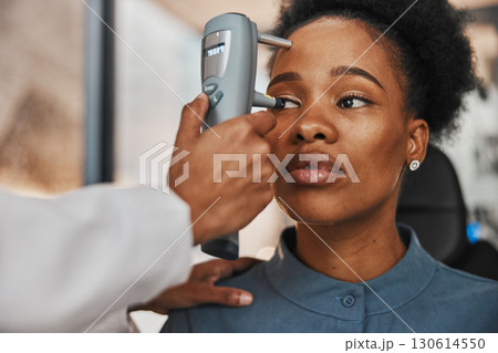 Hands, eye exam or black woman consulting doctor for eyesight at optometrist for assessment. Face of African customer testing vision with tonometer by an optician testing iris or retina visual health Hands, eye exam or black woman consulting doctor for eyesight at optometrist for assessment. Face of African customer testing vision with tonometer by an optician testing iris or retina visual health 130614550