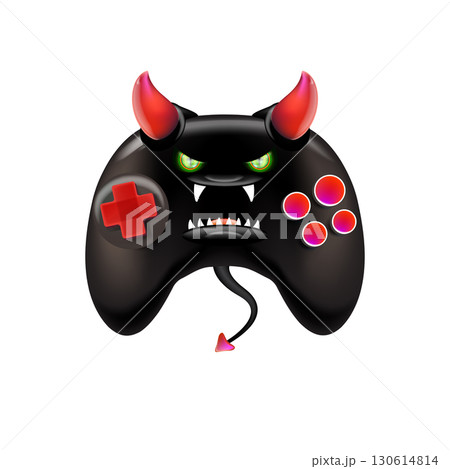 Black evil monster gamepad vector illustration, funny demon character with red horns and glowing eyes, creative design for gaming, apps, websites, stickers, labels, kids merchandise, playful horror Black evil monster gamepad vector illustration, funny demon character with red horns and glowing eyes, creative design for gaming, apps, websites, stickers, labels, kids merchandise, playful horror 130614814