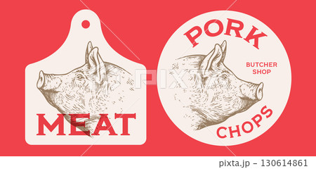 Pork, pig head, meat label. Template Meat Tag Label. Vintage retro print, tag, label with pig sketch ink pencil style drawing. Butchery pork pig head meat shop, text, typography. Vector Illustration 130614861