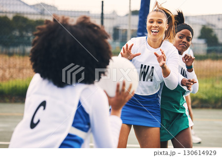 Netball, sport and women in a match or game being competitive in a competition on a court as teammates. Training, fitness and female athletes happy for high school sports and exercise as a team 130614929