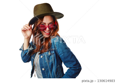 Happy woman, portrait or fashion denim jacket with sunglasses or hat on isolated white background or mockup. Smile, gen z and model with cool, trendy style or brand clothes ideas on mock up backdrop 130614983