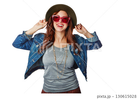 Woman, portrait and fashion sunglasses or tongue, hat or isolated denim jacket on white background mockup. Smile, happy or gen z model in trendy, cool or hipster brand clothing for marketing mock up Woman, portrait and fashion sunglasses or tongue, hat or isolated denim jacket on white background mockup. Smile, happy or gen z model in trendy, cool or hipster brand clothing for marketing mock up 130615028