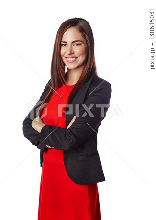 Isolated, business and portrait of woman with arms crossed in white background studio for management, leadership and fashion. Happy, smile and confident with girl standing alone for cute and formal Isolated, business and portrait of woman with arms crossed in white background studio for management, leadership and fashion. Happy, smile and confident with girl standing alone for cute and formal 130615031