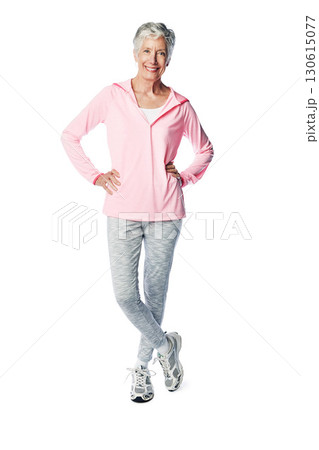 Portrait, training and a senior woman in studio isolated full body on a white background for marketing. Exercise, health and active seniors with a mature female posing to promote wellness or fitness 130615077