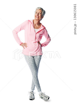 Portrait, exercise and a senior woman in studio isolated full body on a white background for lifestyle. Fitness, health and active seniors with a mature female posing to promote wellness or training 130615081
