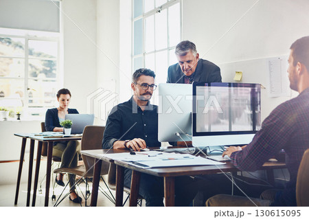Training, coaching and business people with computer in office. Planning, teamwork and collaboration of employees on pc working on advertising proposal, sales report or marketing project in workplace 130615095