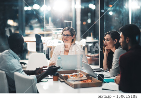Workshop, late night and marketing team in discussion at meeting with laptop and food at startup. Teamwork, overtime and diversity, business people brainstorming project at creative marketing agency. Workshop, late night and marketing team in discussion at meeting with laptop and food at startup. Teamwork, overtime and diversity, business people brainstorming project at creative marketing agency. 130615188