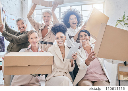 Shipping portrait, delivery box and happy people teamwork on retail package, stock product or sales distribution. Logistic ecommerce, diversity group or startup fashion designer in supply chain store 130615336