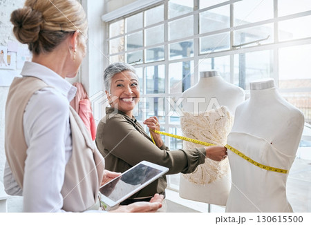 Fashion, designer and tape with business people and mannequin for planning, ecommerce and manufacturing. Management, tablet and creative with women in factory studio for retail and online shopping 130615500