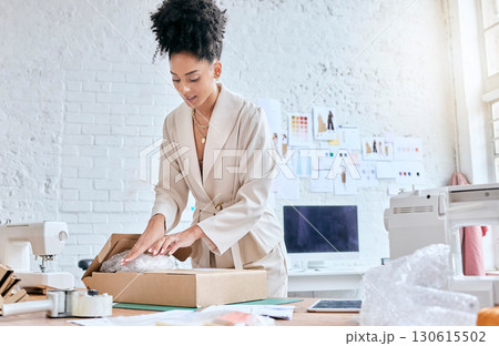 Fashion store delivery, box or black woman packaging stock product for commercial distribution or courier shipping. Logistics export, retail safety container and girl working in supply chain industry 130615502