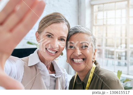 Fashion, designer and selfie of women in workshop taking pictures for happy memory. Face portrait, small business or senior female tailors taking photo for social media post while working in boutique 130615517
