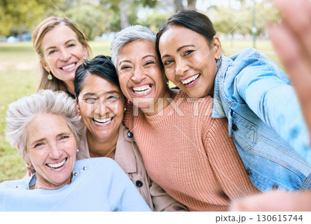 Retirement, women or portrait selfie or bonding memory, social media or diversity profile picture in nature park. Smile, happy or senior friends in photography pov, grass garden or relax environment 130615744