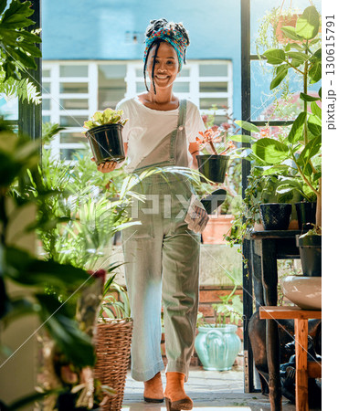 Black woman, portrait and plant shop for gardening, nursery or greenhouse retail. Entrepreneur working in green startup or small business for sustainability, environment and entrepreneur growth Black woman, portrait and plant shop for gardening, nursery or greenhouse retail. Entrepreneur working in green startup or small business for sustainability, environment and entrepreneur growth 130615791