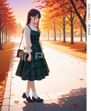 紅葉並木を散歩する、穏やかな笑顔の女性 130615828