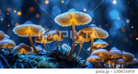 Glowing mushrooms illuminate a dark forest floor, creating a magical atmosphere with soft bokeh lights in the background, showcasing nature's enchanting beauty 130615959