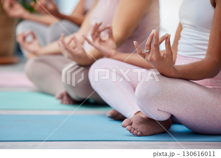 Pregnant, hands or women in yoga meditation exercise or workout class in zen fitness studio. Pregnancy, wellness or healthy friends in lotus pose training for calm mindfulness or relaxing peace Pregnant, hands or women in yoga meditation exercise or workout class in zen fitness studio. Pregnancy, wellness or healthy friends in lotus pose training for calm mindfulness or relaxing peace 130616011