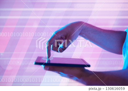 Fingerprint, futuristic and hands of man with tablet for binary communication, ux or internet. Future tech, 3d neon or biometric of person pressing to unlock digital touchscreen for web browsing. Fingerprint, futuristic and hands of man with tablet for binary communication, ux or internet. Future tech, 3d neon or biometric of person pressing to unlock digital touchscreen for web browsing. 130616059