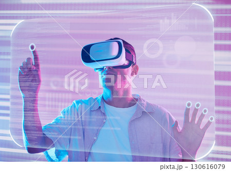 Data, vr futuristic and man in metaverse exploring a cyber world. Digital transformation, 3d virtual reality and male touching or pressing ux button, information or ai, dashboard or software app. Data, vr futuristic and man in metaverse exploring a cyber world. Digital transformation, 3d virtual reality and male touching or pressing ux button, information or ai, dashboard or software app. 130616079