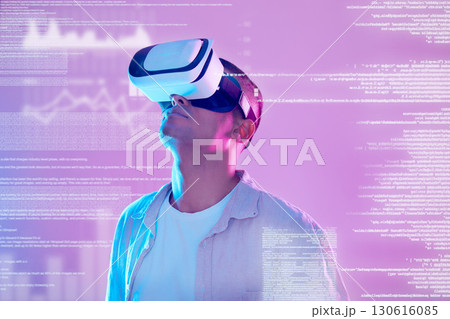Vr, futuristic data and man in metaverse exploring a cyber world with charts, statistics and info. Digital transformation, virtual reality or male with neon graphics, trading or stock market software 130616085