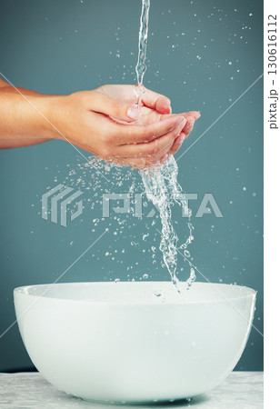 Woman hands, sink and water for washing, skincare hygiene and beauty isolated on studio background. Splash, liquid and cleaning body with bath, natural cosmetics for skin and health with wellness 130616112