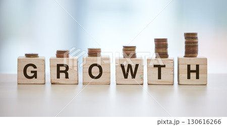 Money, finance growth and coin on blocks for increase in savings, budget and investment for economy. Financial planning, success and cash stack for growing salary, banking account and stock market Money, finance growth and coin on blocks for increase in savings, budget and investment for economy. Financial planning, success and cash stack for growing salary, banking account and stock market 130616266