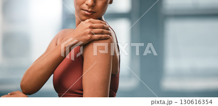 Shoulder, exercise and black woman with pain, injury and workout with sports accident and torn muscle. African American female, lady and athlete with ache, stress and workout mistake and inflammation Shoulder, exercise and black woman with pain, injury and workout with sports accident and torn muscle. African American female, lady and athlete with ache, stress and workout mistake and inflammation 130616354