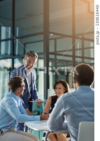 Leadership, manager and mature man with team meeting, planning and happy management in corporate business. Success, teamwork and communication of people, employees or staff executive in collaboration Leadership, manager and mature man with team meeting, planning and happy management in corporate business. Success, teamwork and communication of people, employees or staff executive in collaboration 130616440