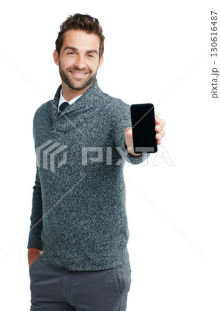 Portrait, smile or business man with phone screen for marketing mockup, advertising or branding poster in studio. Model, happy or businessman on smartphone for news or logo in white background 130616487