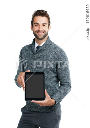 Portrait, screen or business man with tablet for mockup space board, advertising or networking in studio. Model, smile or businessman with tech for communication, social media or blog content review Portrait, screen or business man with tablet for mockup space board, advertising or networking in studio. Model, smile or businessman with tech for communication, social media or blog content review 130616489