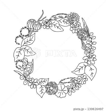お洒落な秋の植物や葉っぱのリース・手書きイラスト・モノクロ 130616497