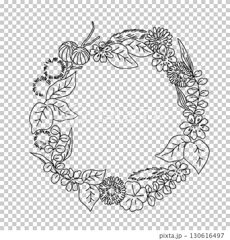 お洒落な秋の植物や葉っぱのリース・手書きイラスト・モノクロ 130616497