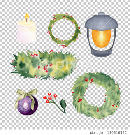 Wreaths, lantern, candle, holly, and bauble, watercolor Christmas set isolated on white. Perfect for holiday cards, invitations, posters, scrapbooking, wrapping paper, festive digital seasonal design Wreaths, lantern, candle, holly, and bauble, watercolor Christmas set isolated on white. Perfect for holiday cards, invitations, posters, scrapbooking, wrapping paper, festive digital seasonal design 130616552