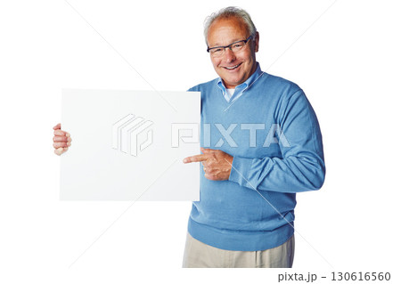 Poster mockup, portrait or elderly man point at marketing placard, advertising banner or product placement. Studio mock up, billboard promotion sign or happy sales model isolated on white background 130616560