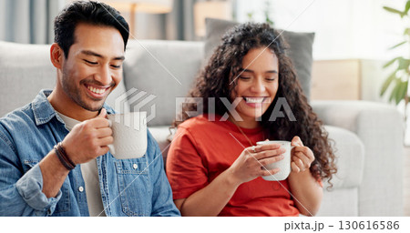 Relax, sofa and couple in home with coffee for bonding, connection and relationship on weekend. Dating, apartment and man with woman with drink, beverage and rest for love, conversation and romance Relax, sofa and couple in home with coffee for bonding, connection and relationship on weekend. Dating, apartment and man with woman with drink, beverage and rest for love, conversation and romance 130616586