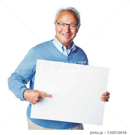 Poster mockup, portrait or old man point at marketing placard, advertising banner or product placement. Studio mock up, billboard promotion sign or happy sales model isolated on white background 130616636