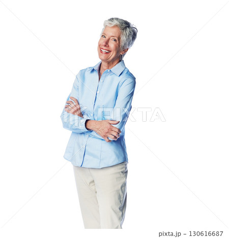Senior woman, relax and portrait in studio, smile and happy while posing on a white background. Elderly, model and lady enjoy retirement, proud and satisfied with retired lifestyle while isolated Senior woman, relax and portrait in studio, smile and happy while posing on a white background. Elderly, model and lady enjoy retirement, proud and satisfied with retired lifestyle while isolated 130616687