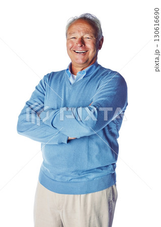 Happy, smile and portrait of senior man laughing in studio, relax and proud while standing on white background. Confident, chill and retirement by elderly male content, joy and satisfied or isolated 130616690