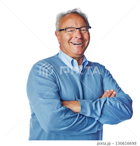 Portrait, happy and senior man laughing in studio, relax and proud against white background. Face, smile and retired male having fun, cheerful and funny while posing, excited and content or isolated 130616698
