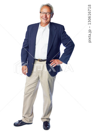 Proud senior and manager full body portrait smiling with confident, happy and corporate pose. Mature, professional and elderly businessman with smile standing at isolated white background. 130616718