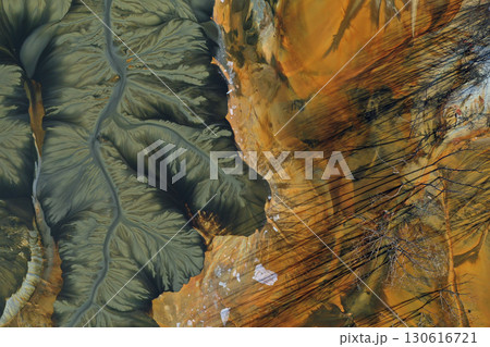 Aerial view of copper mining residuals in decanting lake 130616721