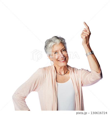 Portrait mock up, senior and old woman point at sales promo, luxury present gift or discount deal mockup. Studio advertising space, marketing product placement and model isolated on white background 130616724