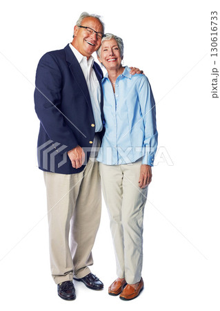 Love, body portrait of senior couple standing in studio and isolated on white background. Retirement, happy and healthy relationship, romance for elderly man with woman together in formal clothes. Love, body portrait of senior couple standing in studio and isolated on white background. Retirement, happy and healthy relationship, romance for elderly man with woman together in formal clothes. 130616733