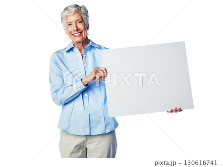 Poster mockup, smile and portrait senior woman with marketing placard, advertising banner or product placement. Studio mock up, billboard promotion sign and sales model isolated on white background 130616741