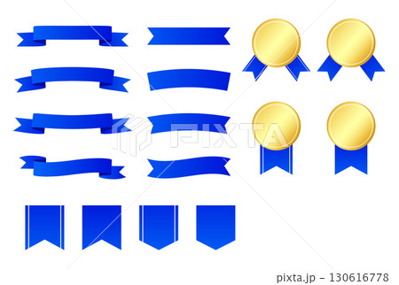 高級感のある青いリボンとメダルのベクターイラストセット 130616778