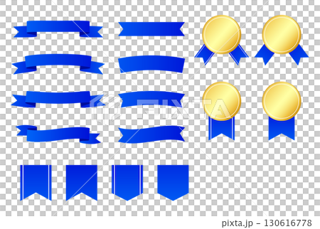 高級感のある青いリボンとメダルのベクターイラストセット 130616778