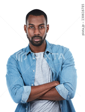 Portrait of black man with confidence, serious and isolated on white background in denim shirt. Casual fashion, trendy startup owner and person in creative space at startup and boss face in studio. Portrait of black man with confidence, serious and isolated on white background in denim shirt. Casual fashion, trendy startup owner and person in creative space at startup and boss face in studio. 130616785
